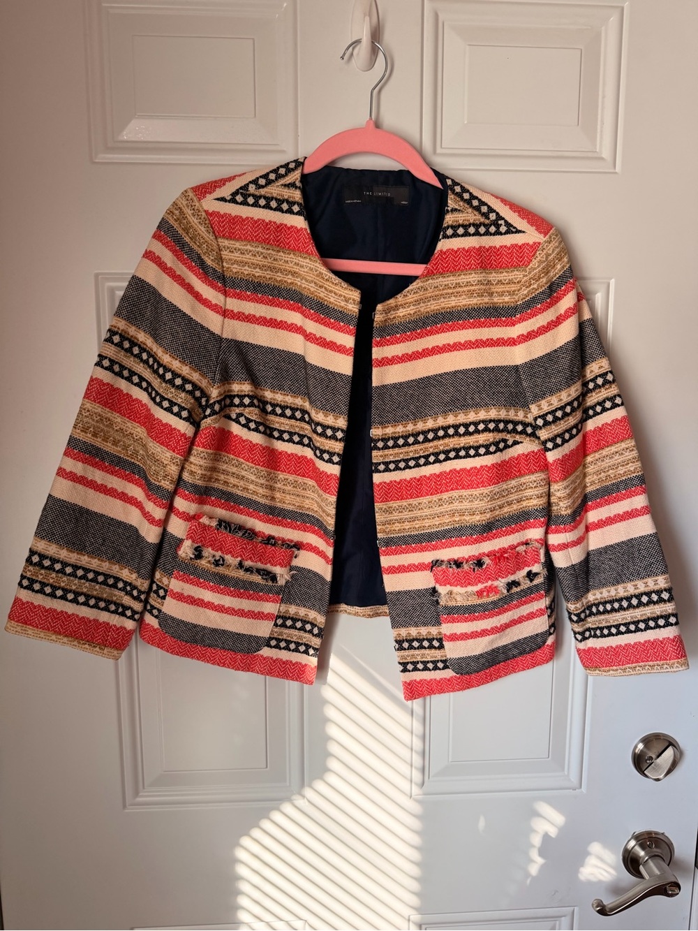 The Limited Coral Navy Cream Striped Tweed Open-Front Blazer